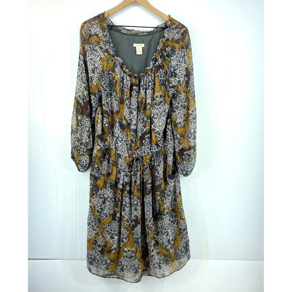 Sundance Gray Yellow White Lace Print Silk Long Sleeve Midi Dress Womens‎ Small